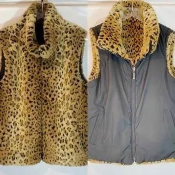 Jackets & Blazers - GALLERY FAUX FUR REVERSIBLE LEOPARD VEST WITH MATCHING MITTS